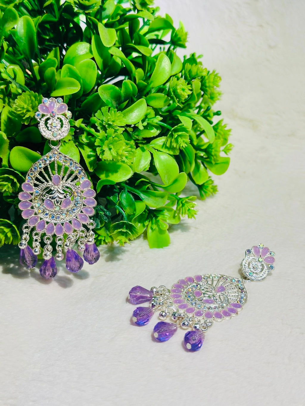 Elegant Silver-Plated Chandbali Earrings with Purple Beads
