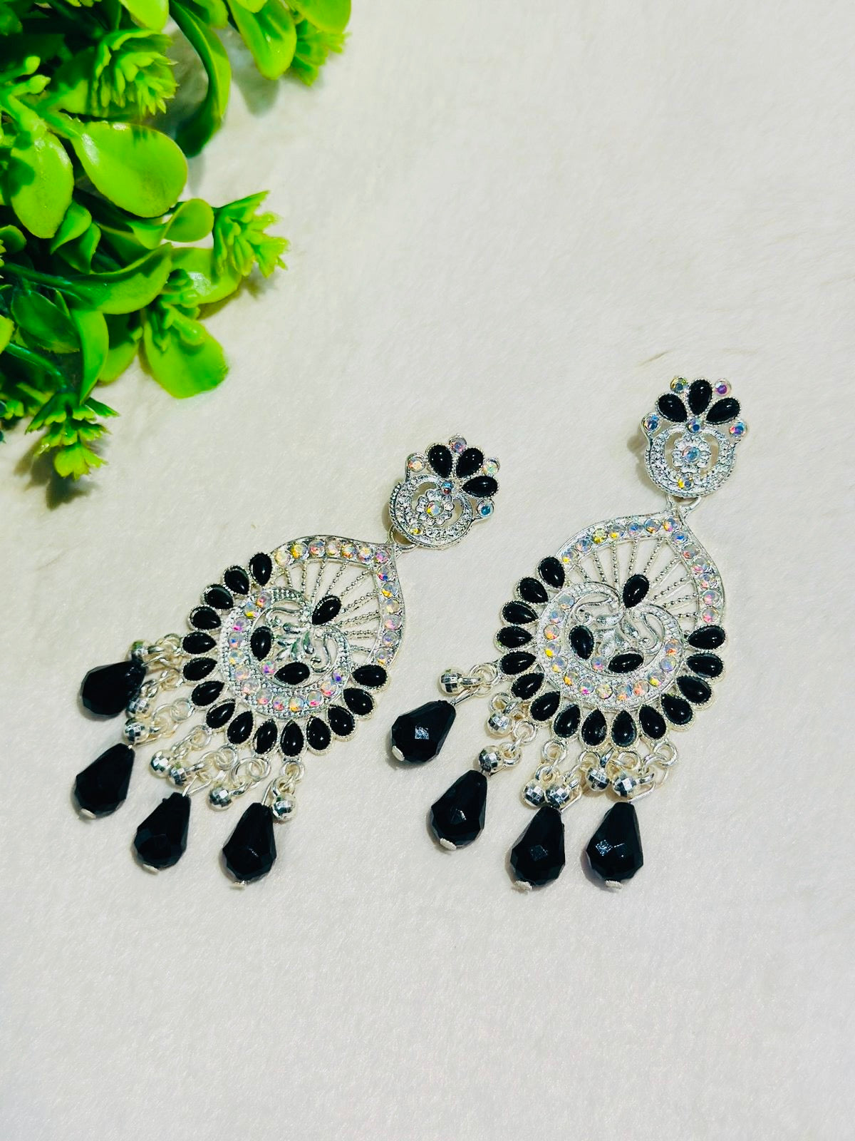 Elegant Silver-Plated Chandbali Earrings with Black Beads