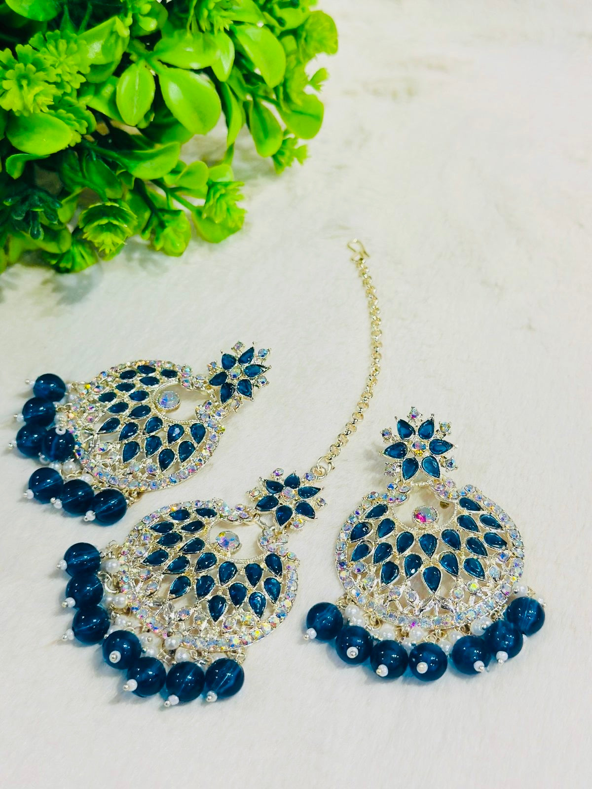 Gold-Plated Turquoise Chandbali Earrings with Maang Tikka