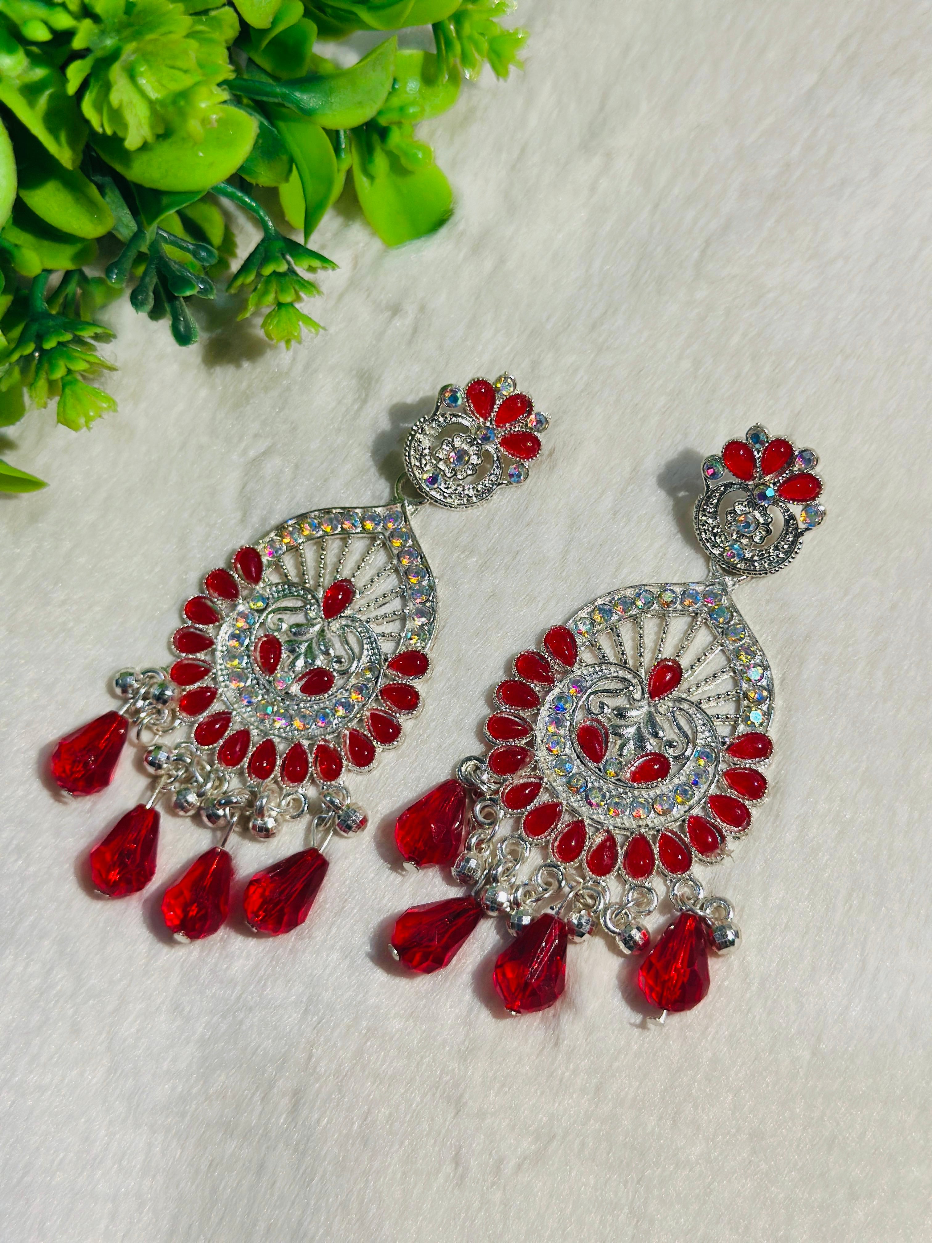 Elegant Silver-Plated Chandbali Earrings with red Beads