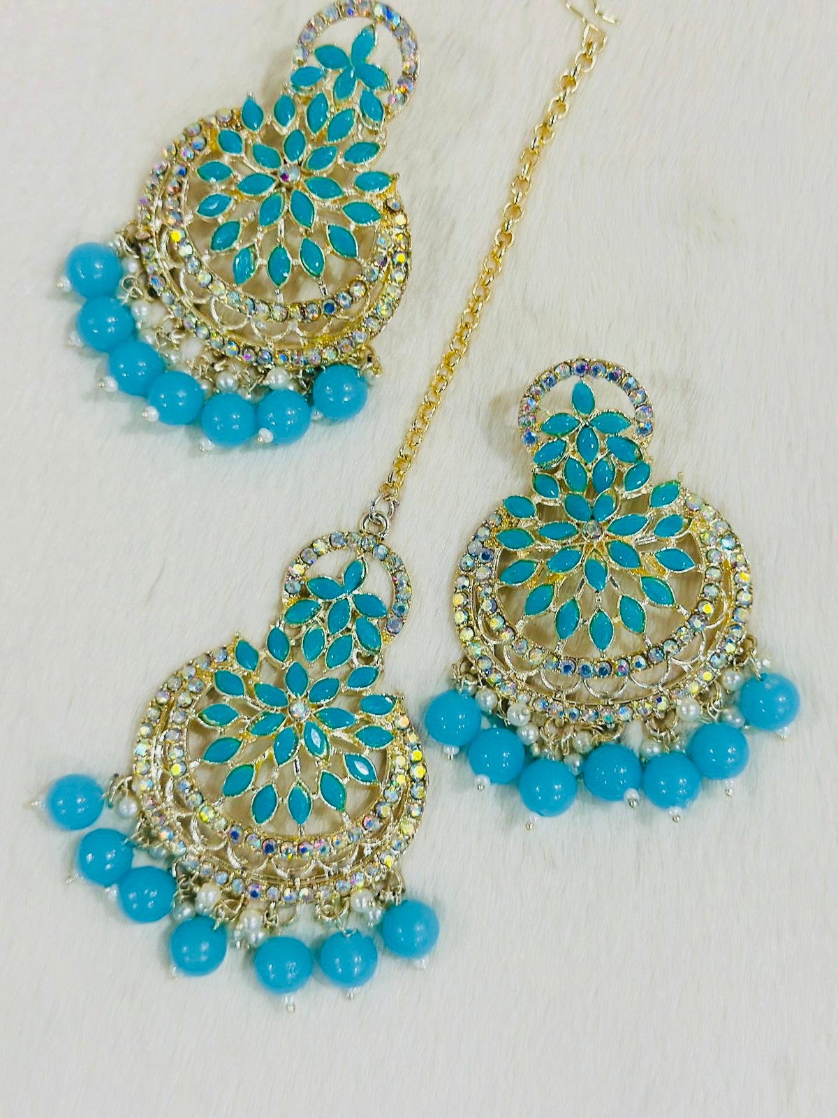 Gold-Plated Turquoise Chandbali Earrings with Maang Tikka