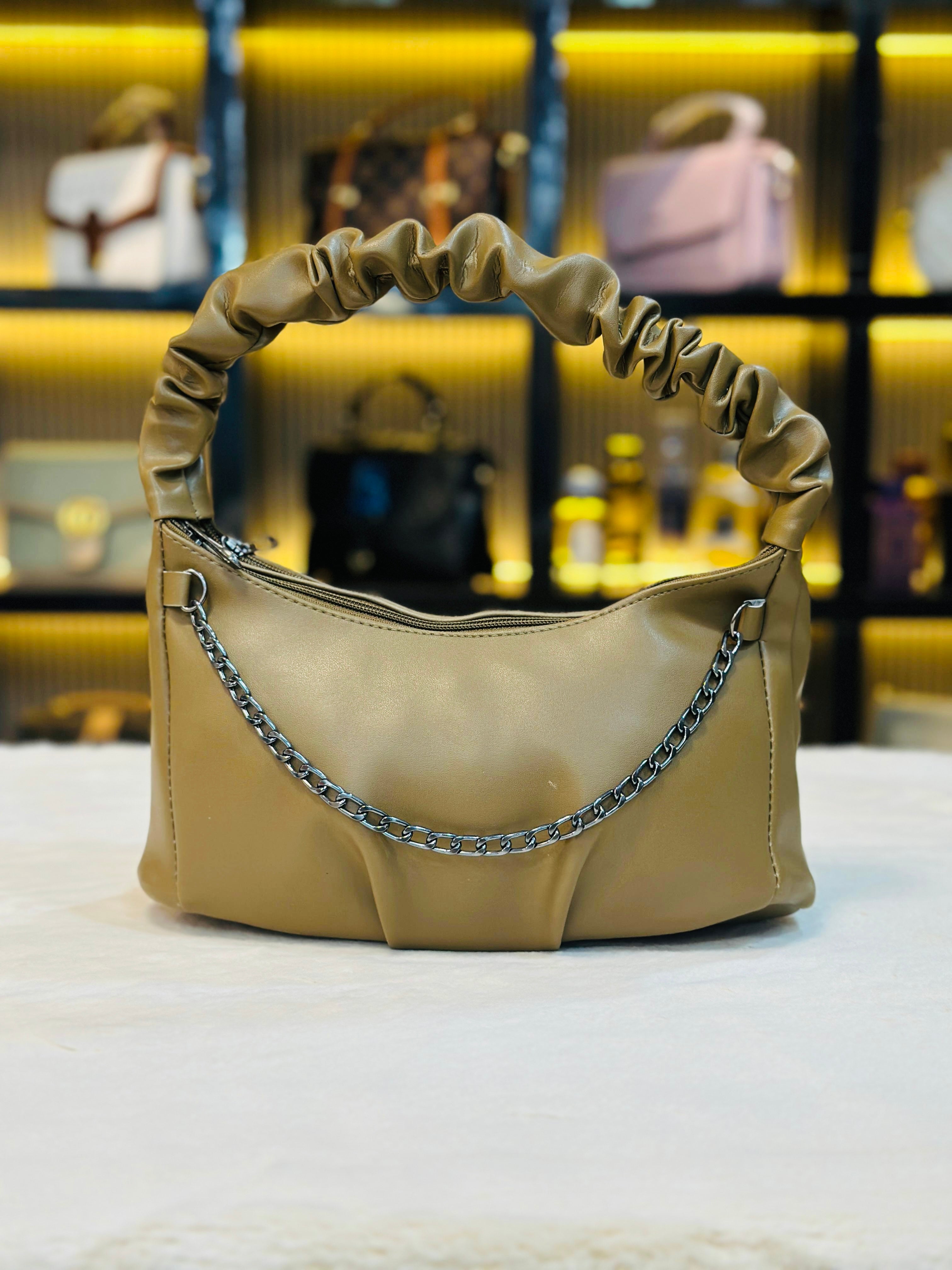 Trendy Scrunch Handle Shoulder Bag with Chain Detail