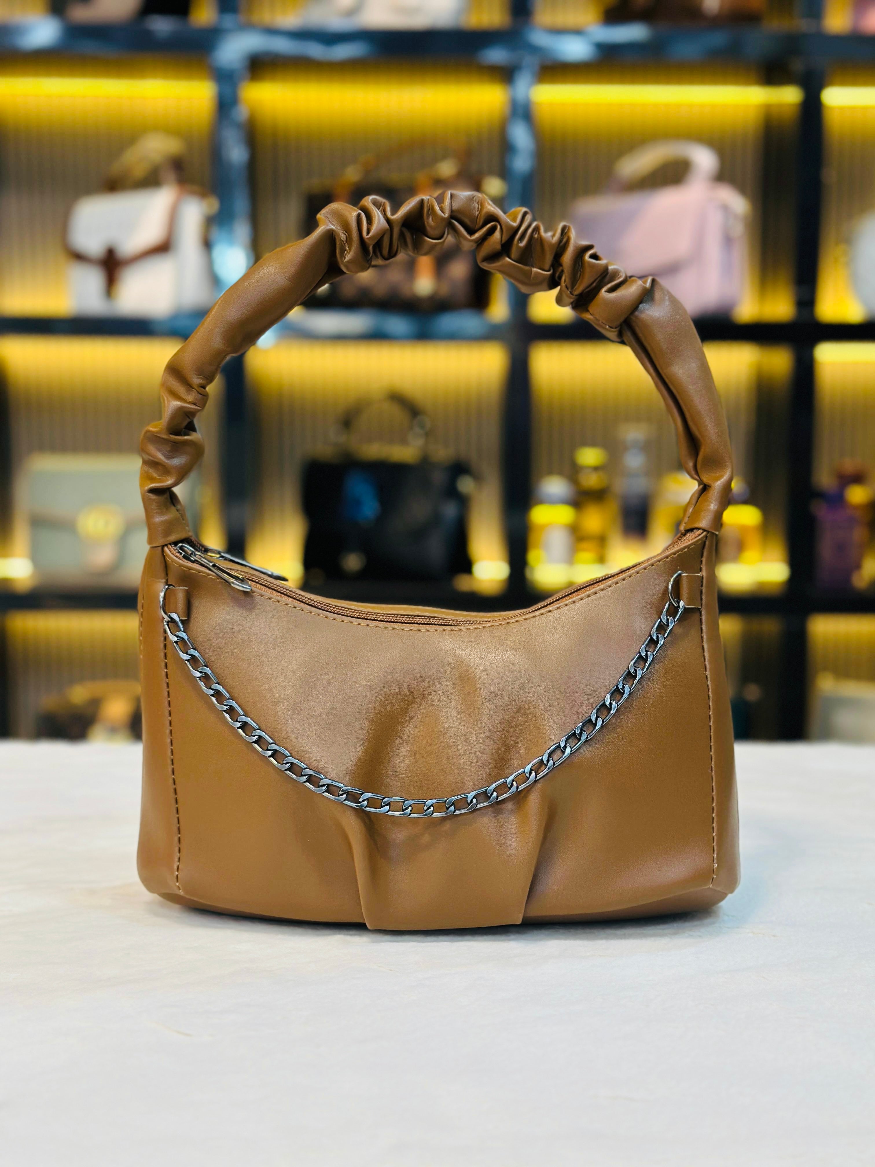 Trendy Scrunch Handle Shoulder Bag with Chain Detail