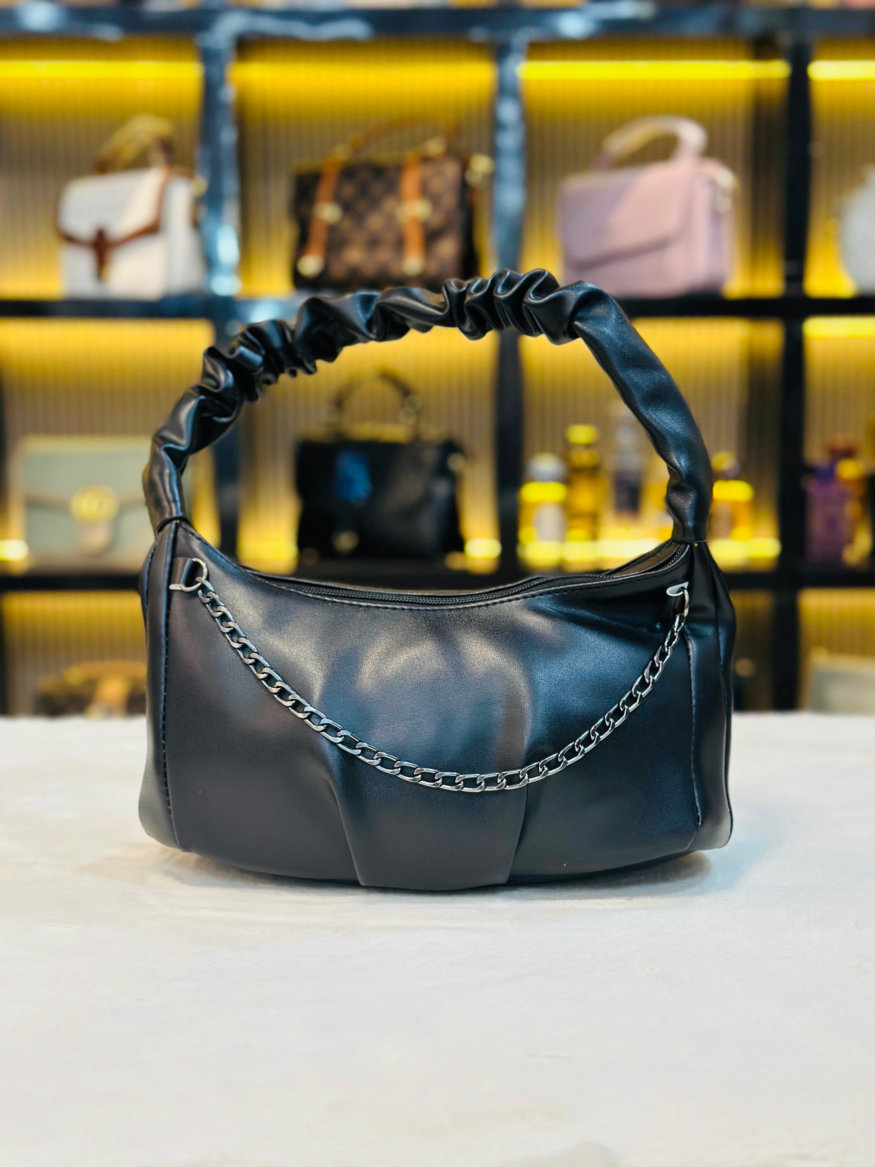 Trendy Scrunch Handle Shoulder Bag with Chain Detail