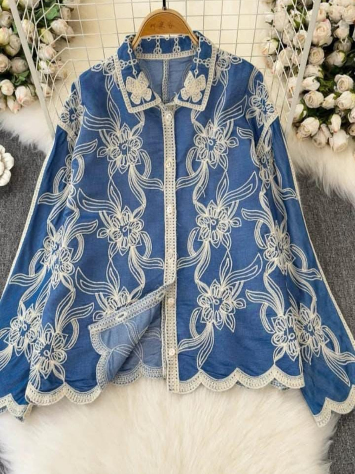 Blue Floral Embroidered Top – Elegant & Chic 🌸💙