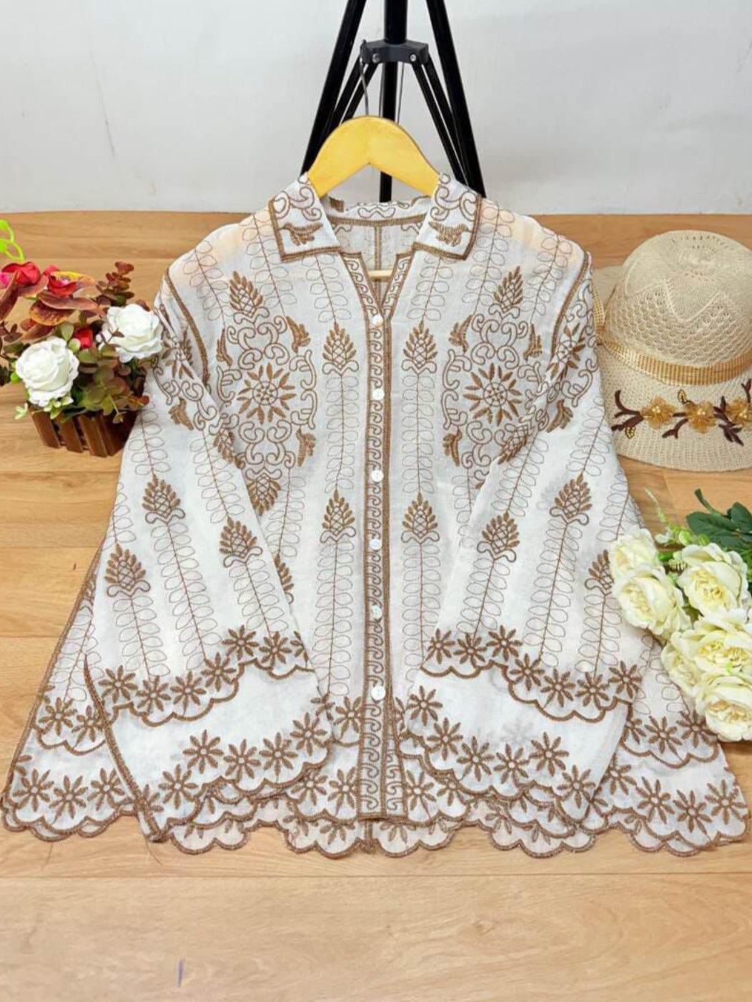 White Floral Embroidered Button-Down Shirt 🌸✨