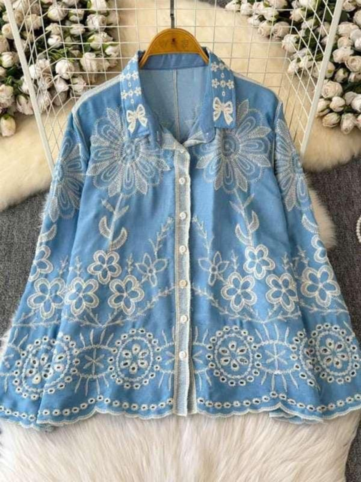 Blue Floral Embroidered Button-Down Shirt 🌸✨