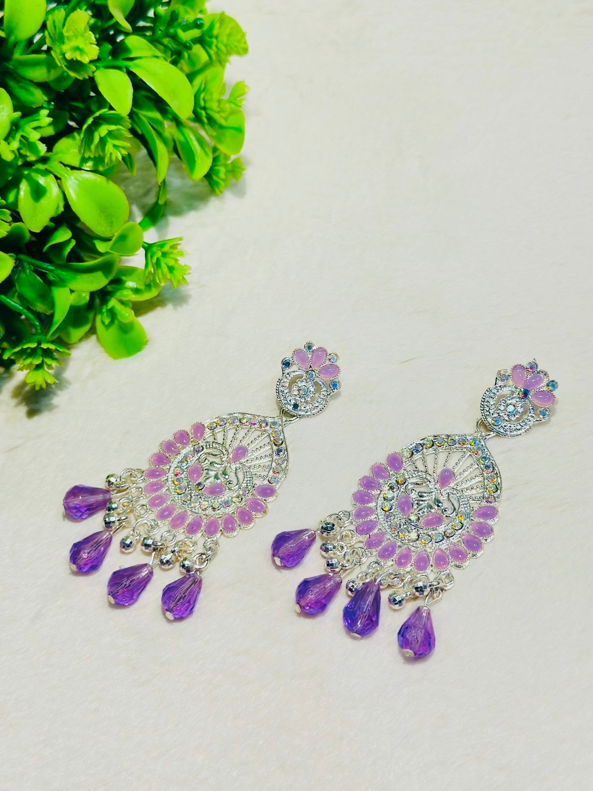 Elegant Silver-Plated Chandbali Earrings with Purple Beads
