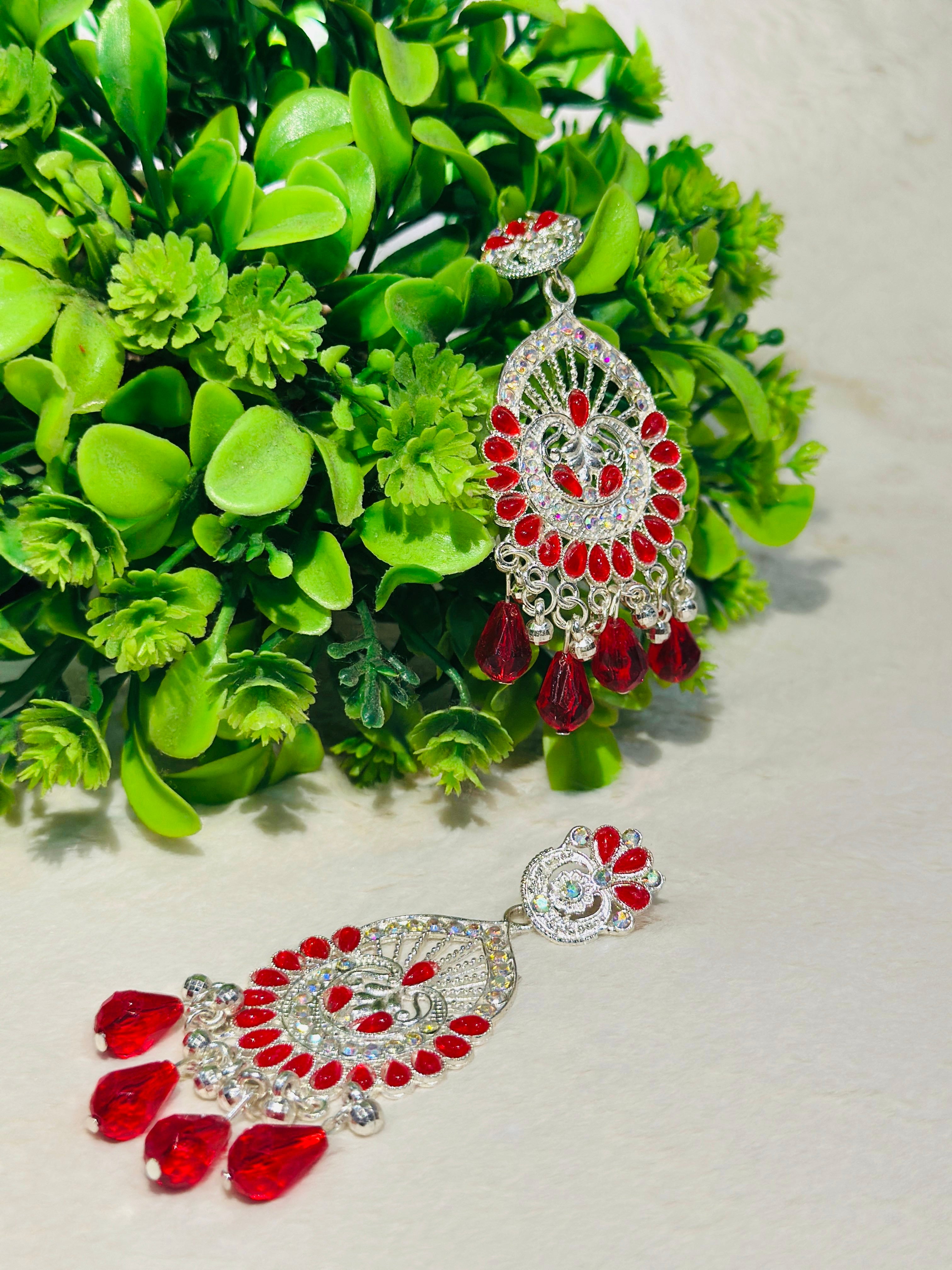 Elegant Silver-Plated Chandbali Earrings with red Beads