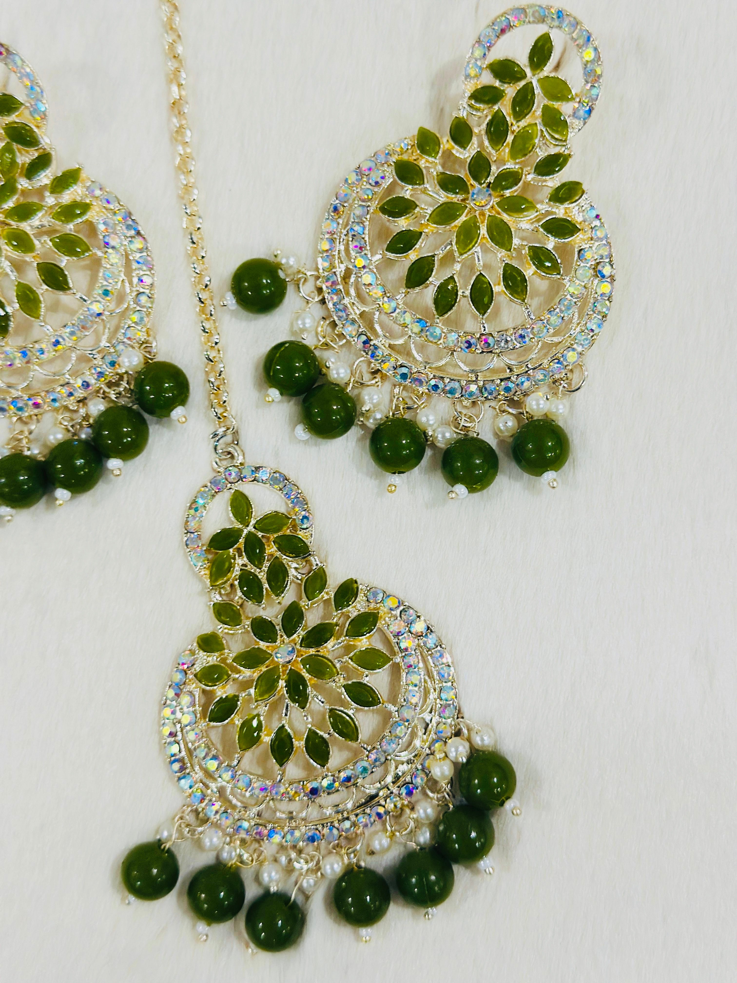 Gold-Plated Turquoise Chandbali Earrings with Maang Tikka