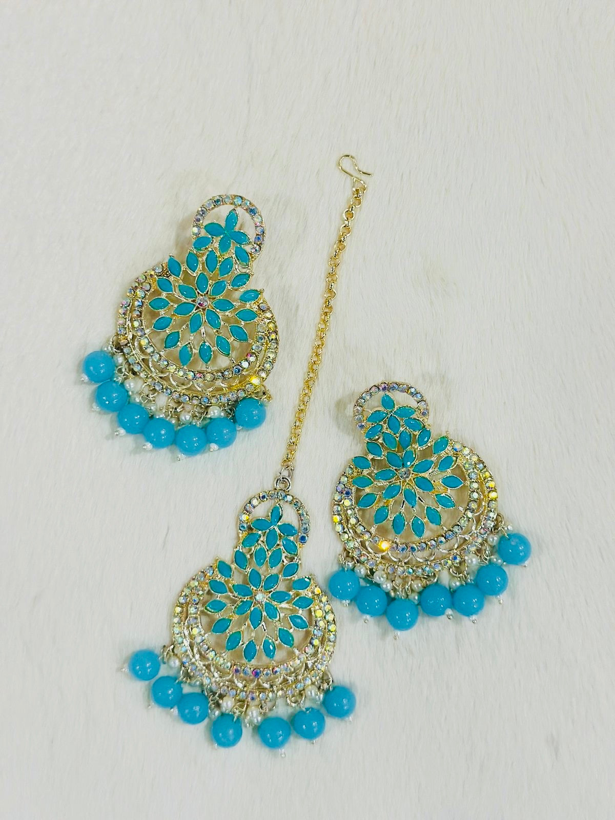 Gold-Plated Turquoise Chandbali Earrings with Maang Tikka