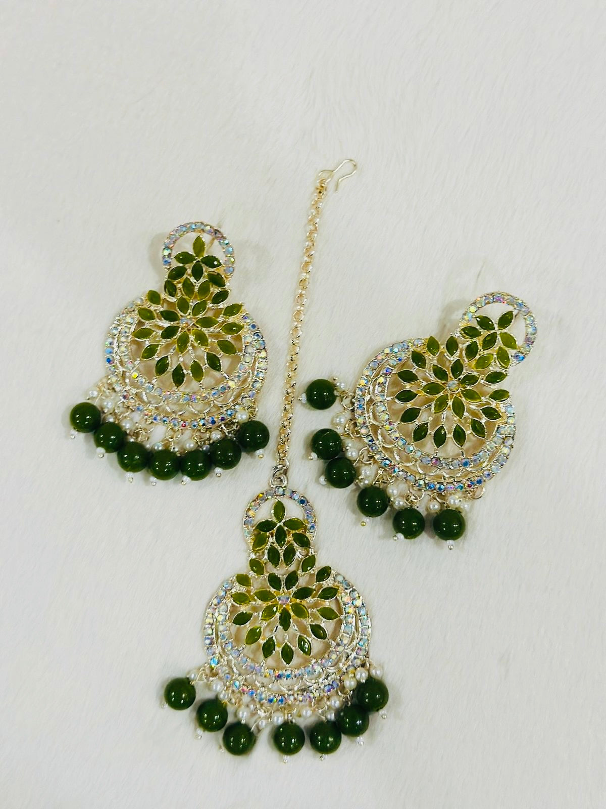 Gold-Plated Turquoise Chandbali Earrings with Maang Tikka