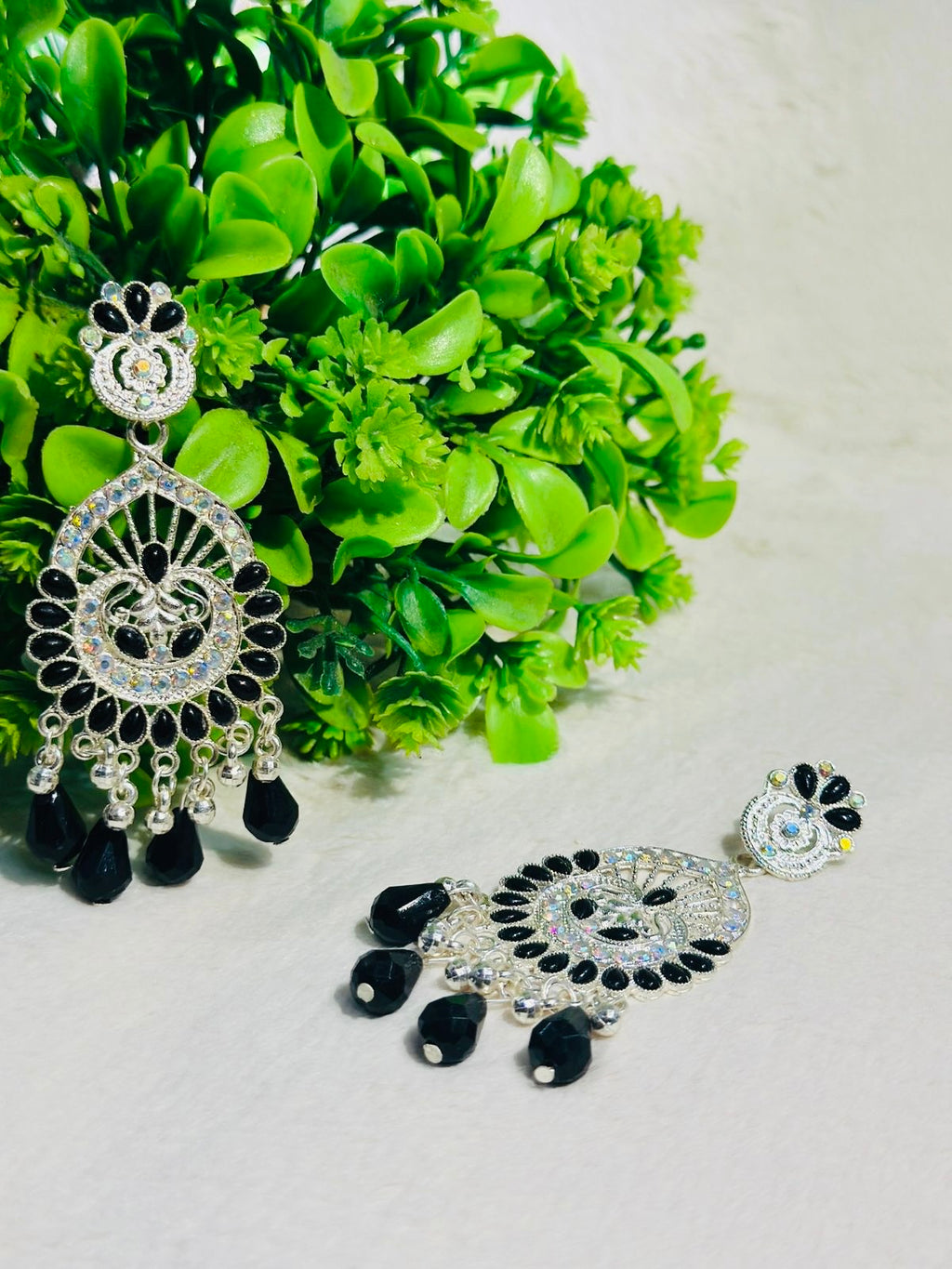 Elegant Silver-Plated Chandbali Earrings with Black Beads